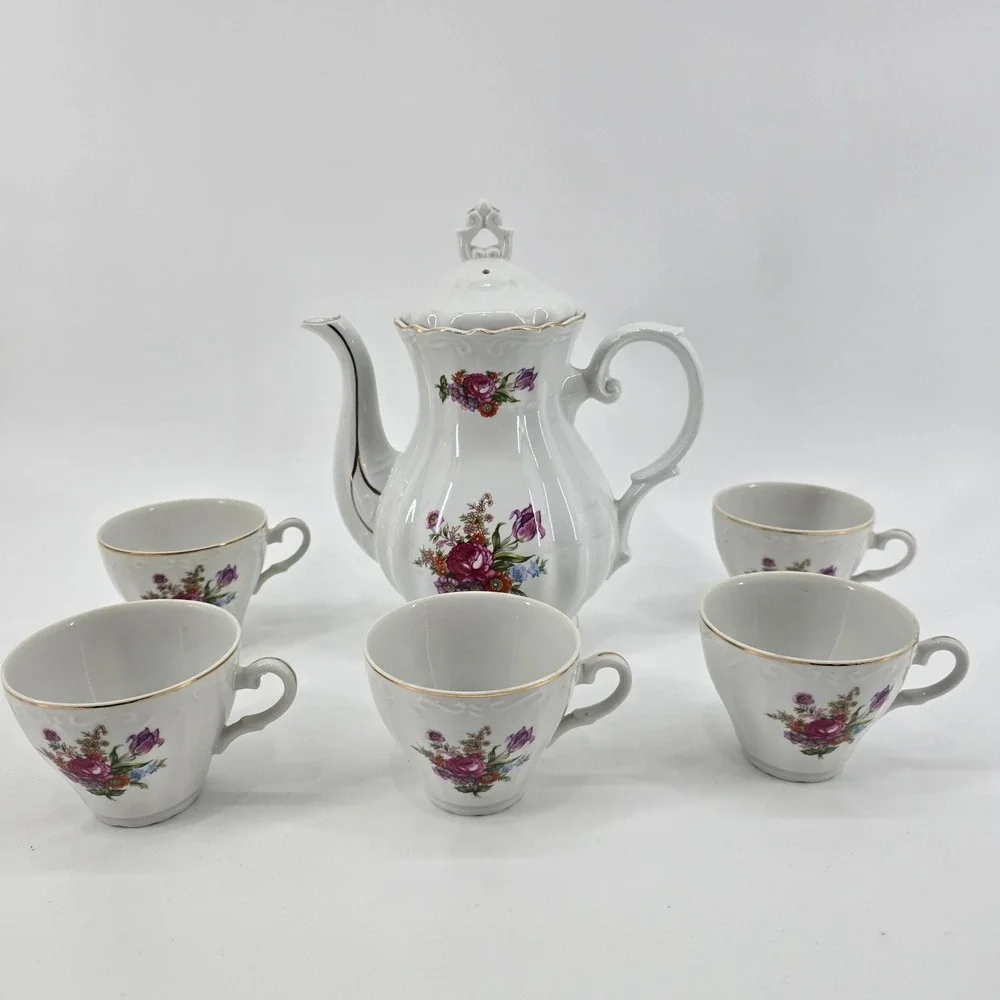 Vintage Japanese Tea Set Floral Gold Trim Porcelain White 6 Piece Set